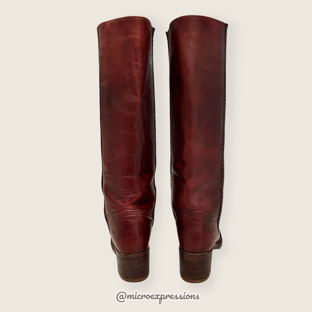 VINTAGE 1970s Frye Campus Leather Red-Brown Real Leather Braided Knee High Boot - Picture 9 of 16